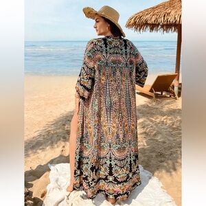 Paisley Floral Long Open Front Swim Cover Kimono 4X